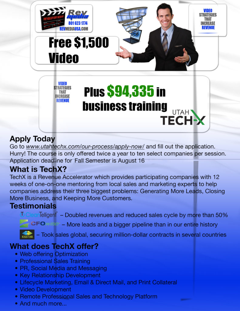 Free $1500 Video Plus $94,335 in business training from UtahTechX. Go to www.utahtechx.com/our-process/apply-now/ and fill out the application.